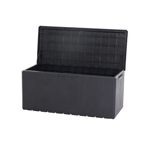 Geöffnete, anthrazitfarbene Toomax Kissenbox Portofino (124x55x56cm) zur Aufbewahrung von Gartenaccessoires.