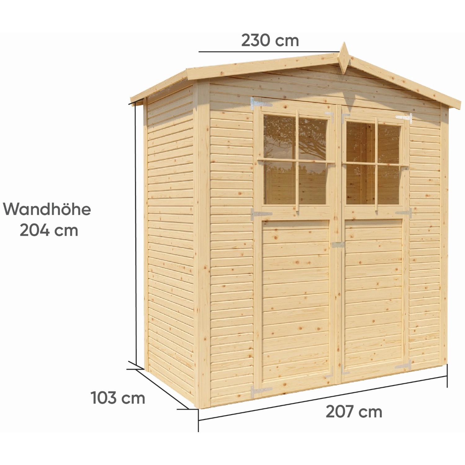 Bertilo Gerätehaus Plexi Apex 1 aus Holz, naturbelassen, mit Maßen. Ideal für den Garten.