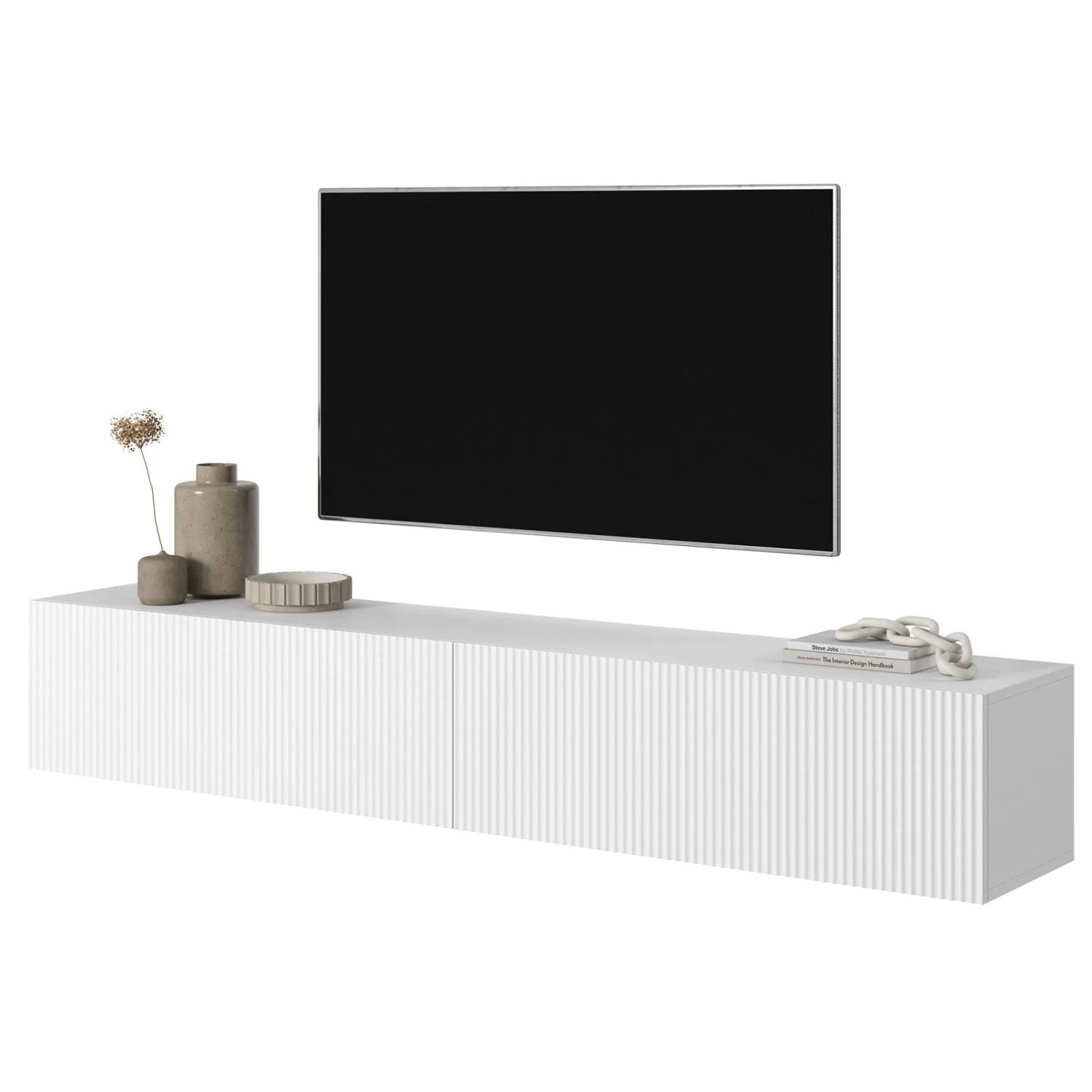 Weißes Selsey Veldio TV-Hängeboard mit geriffelter Lamellenfront, 175 cm breit, unter einem Fernseher montiert.