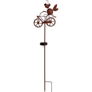 Brauner LED Solar Erdspieß mit Schmetterling auf Fahrrad, 88cm, für Garten-Deko.