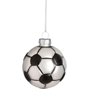 Silberner Fußball als Christbaumschmuck aus Glas, Ø 7,5 cm.