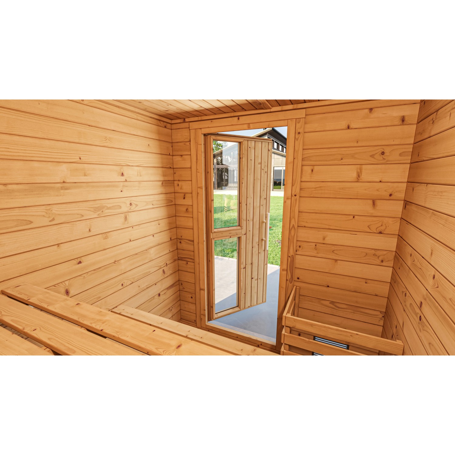 Innenansicht Weka Saunahaus Naantali mit Holzwänden, Tür und Sitzbänken.