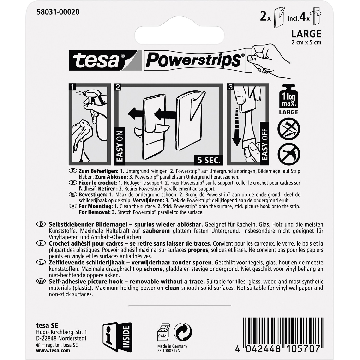 Tesa Powerstrips Bildernagel, 2 Stück, mit 4 Powerstrips Large zum Aufhängen von Bildern bis 1 kg.