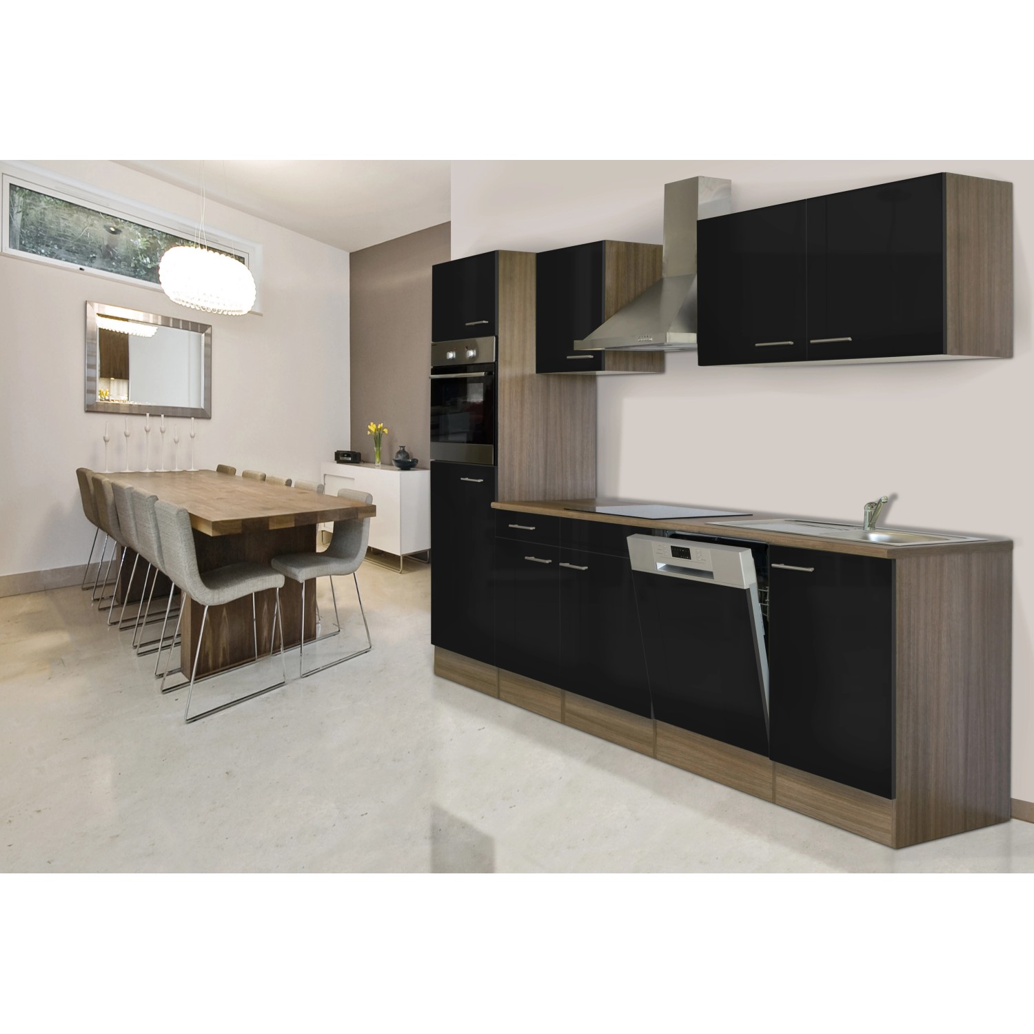 Respekta Küchenzeile KB280EYS, 280 cm, Schwarz Seidenglanz/Eiche York Nachbildung, mit E-Geräten.