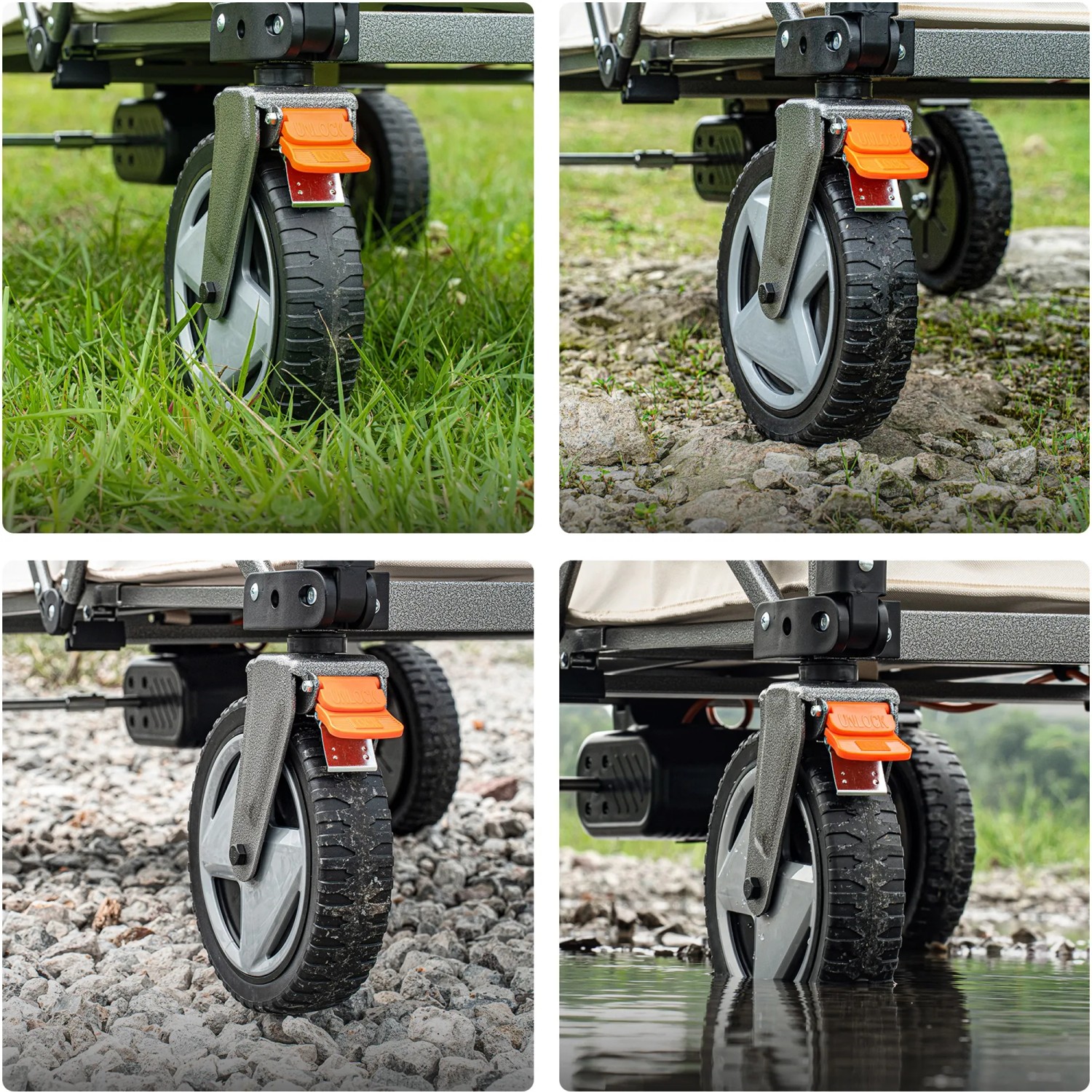 Detailansicht der Räder des Litheli Bollerwagens W1 Pro auf unterschiedlichem Untergrund.