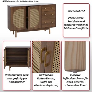 Weißes Sideboard mit Poly-Rattan, 120 cm breit, mit Schubladen und Fächern.
