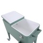 Grüne Kühlbox auf Rädern mit offenem Deckel, integriertem Flaschenöffner. Ideal für Garten & Strand.