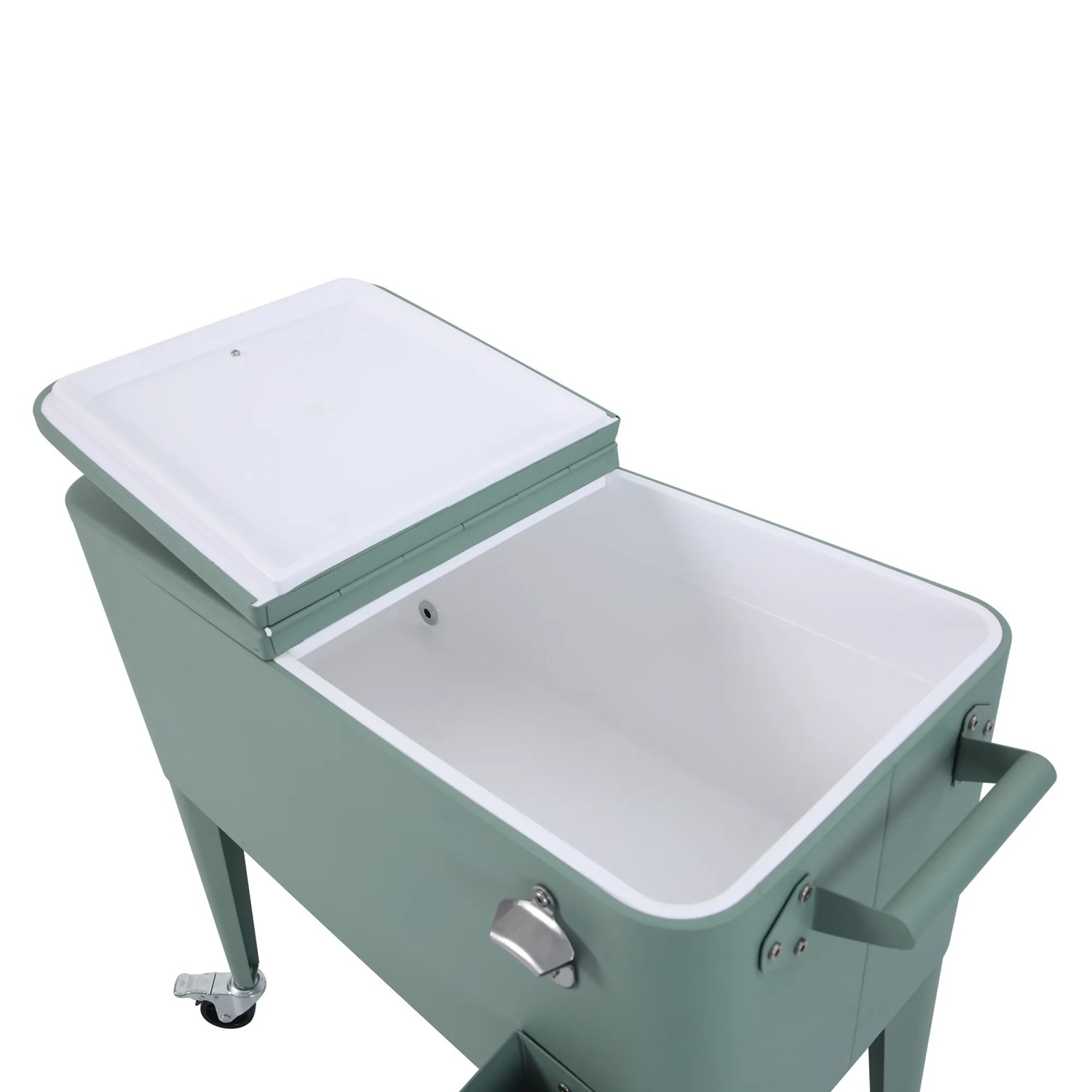 Grüne Kühlbox auf Rädern mit offenem Deckel, integriertem Flaschenöffner. Ideal für Garten & Strand.