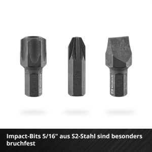 Drei dunkle Einhell Impact-Bits 5/16" aus S2-Stahl für den KFZ Werkzeugkoffer. Robust und bruchfest.