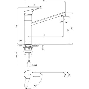 Technische Zeichnung: Ideal Standard Cerafit Küchenarmatur mit Maßen, hoher Auslauf, Chrom.