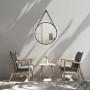 Runder LED-Lichtspiegel Silver Barbier, Ø 50 cm, Schwarz matt, mit Ledergurt zur Wandmontage.