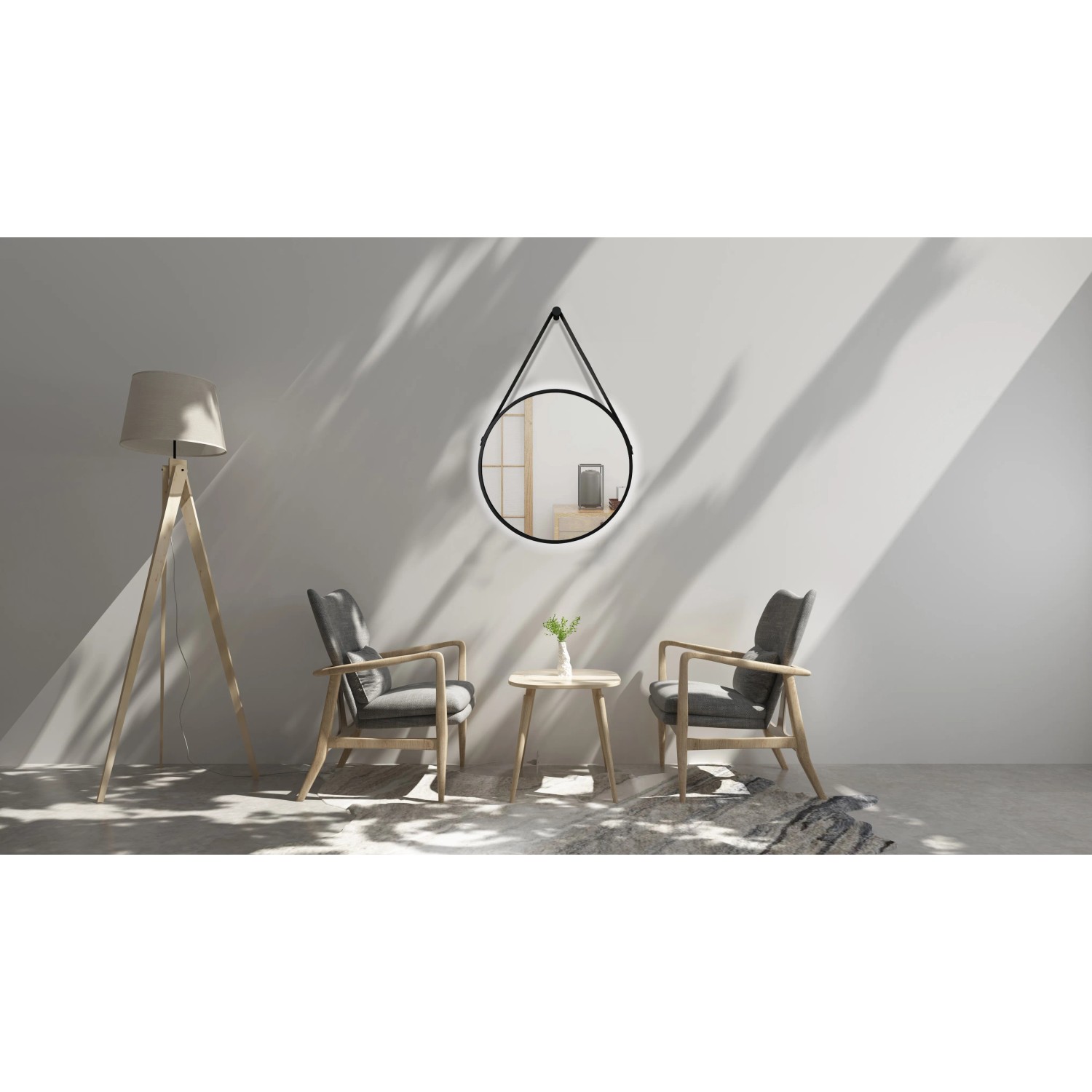Runder LED-Lichtspiegel Silver Barbier, Ø 50 cm, Schwarz matt, mit Ledergurt zur Wandmontage.