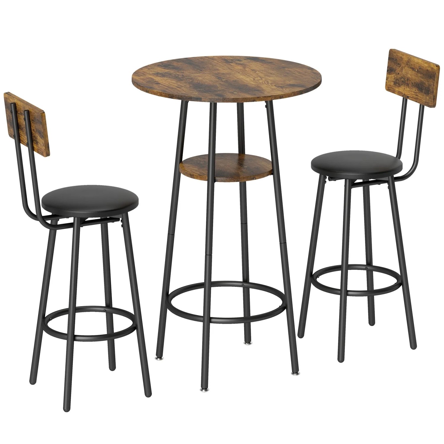 Rustikales Bartisch-Set: runder Tisch mit Ablage, zwei gepolsterte Barhocker mit Rückenlehnen in Braun und Schwarz.