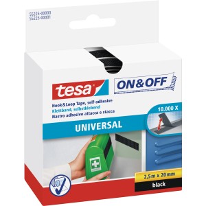 Tesa® On & Off Klettband Universal, 2,5m x 20mm, schwarz. Selbstklebendes Klettband für vielseitige Anwendungen.