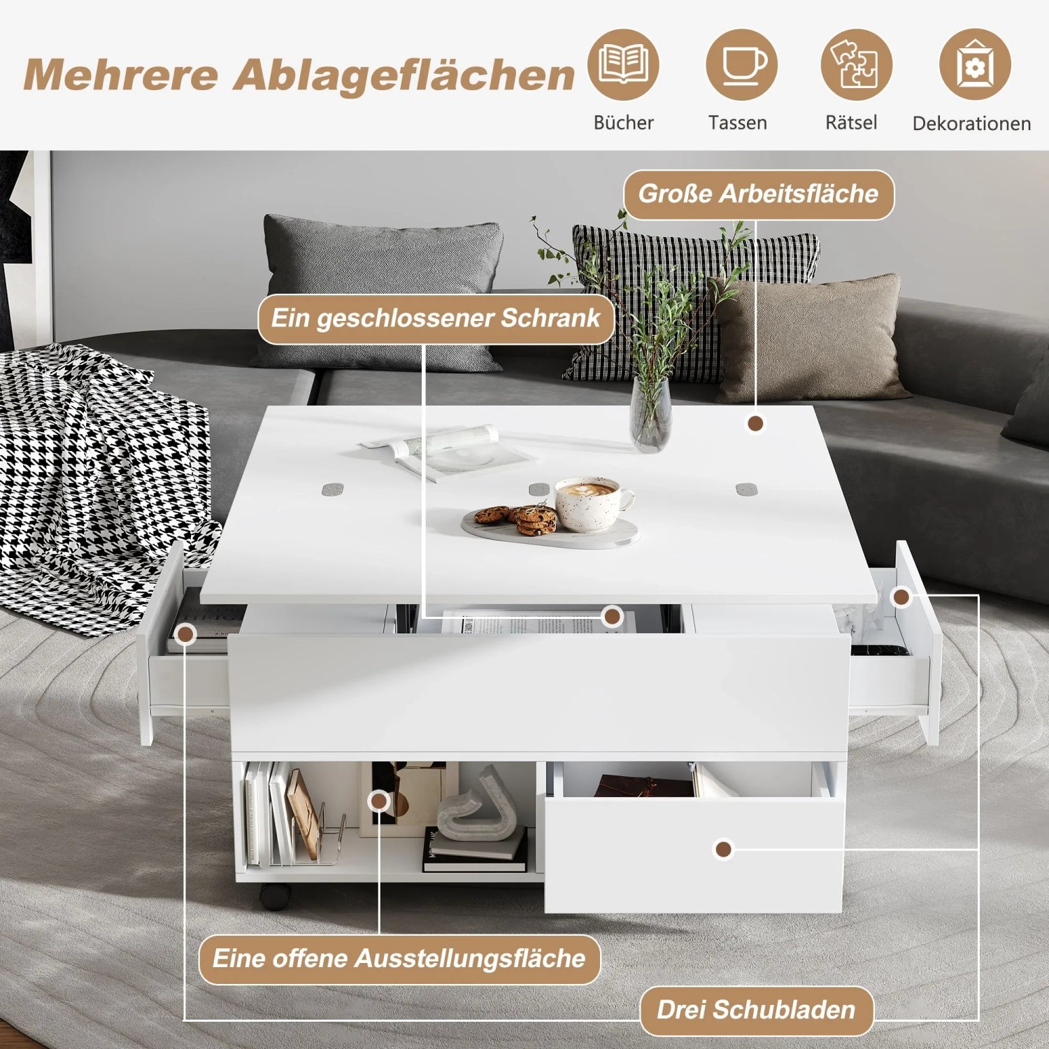 Merax Couchtisch Höhenverstellbar mit Rollen 4 Schubladen Multifunktion Weiß kaufen bei OBI