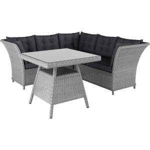 4-teiliges Lounge-Set Madison mit Esstisch aus Polyrattan in Weiß-Grau mit dunklen Kissen.
