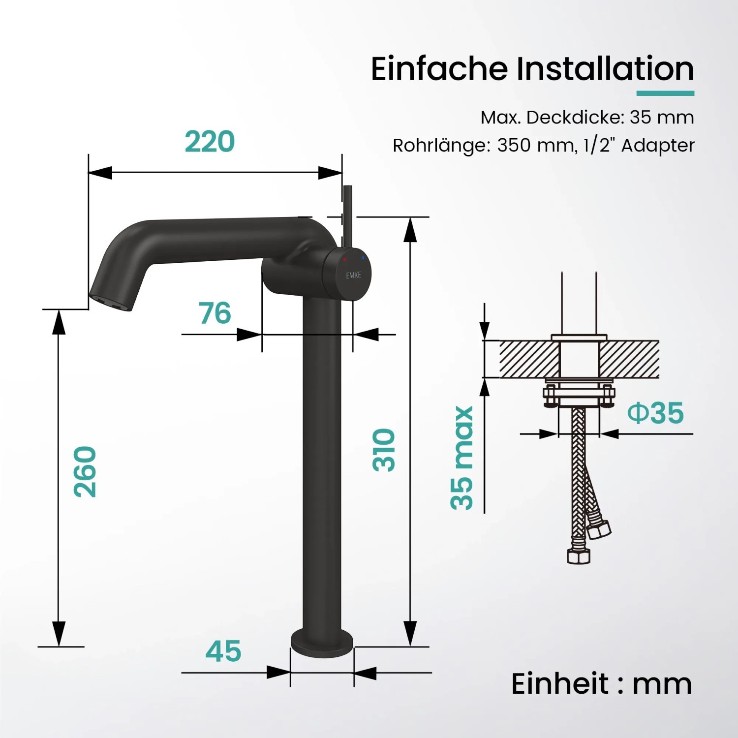 Emke Waschtischarmatur Schwarz Matt, technische Zeichnung mit Maßen. Hoher Einhebelmischer für Bad.