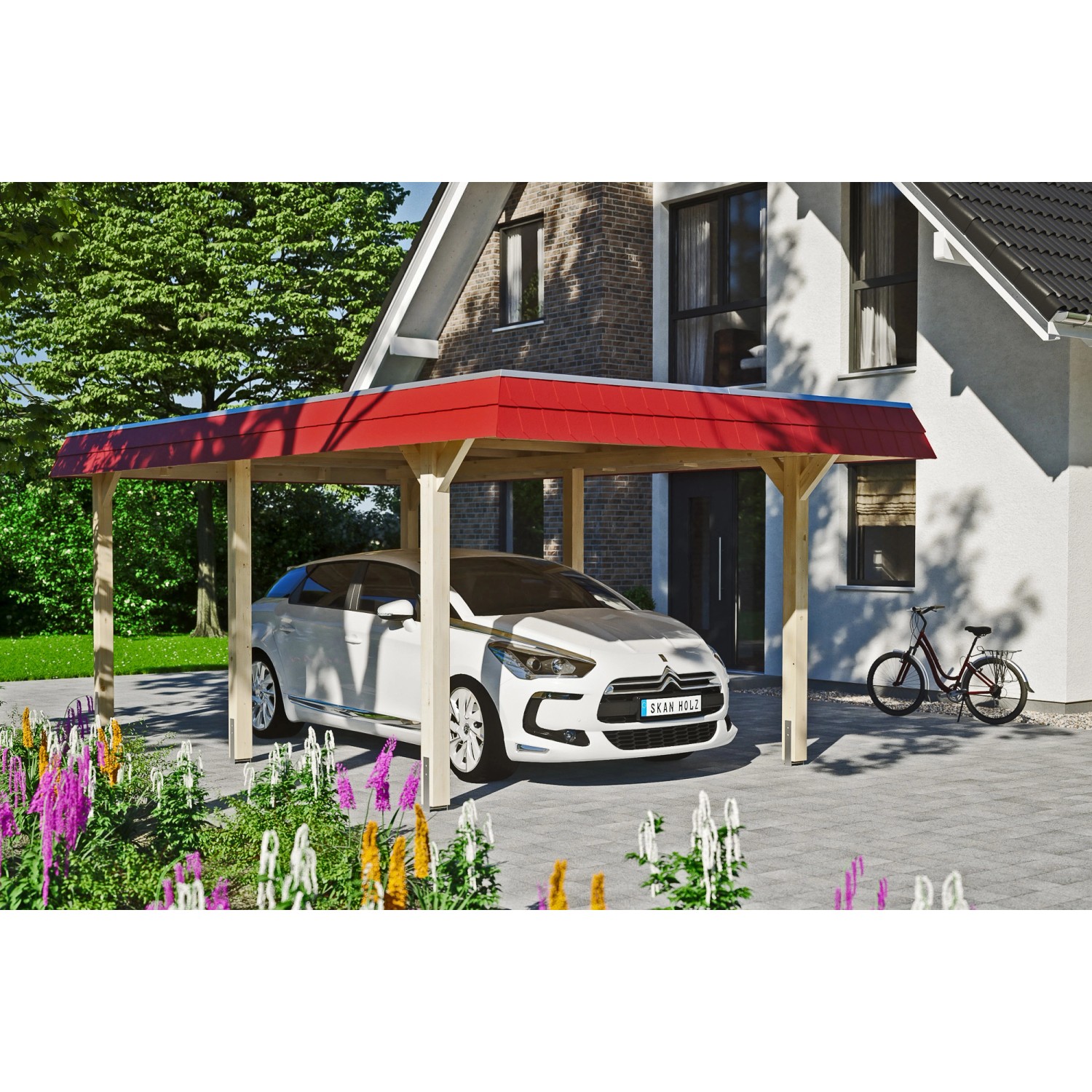 Skan Holz Carport Wendland mit roter Blende und Aluminiumdach, naturbelassen, mit Auto.