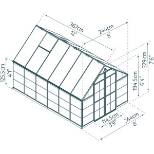 Technische Zeichnung: Palram Canopia Gewächshaus Grau 9 m² mit Maßangaben.