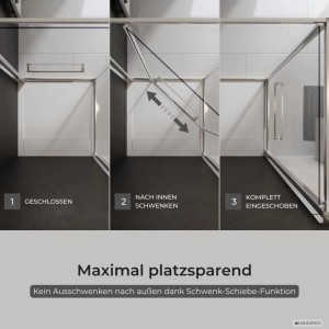 Schulte Sunny Nischendusche: Schwenk-Schiebetür in 3 Schritten (geschlossen, schwenkend, eingeschoben) für maximale Platzersparnis. Klarglas, Chrom.