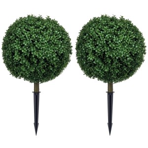 2er-Set HOMCOM künstlicher Buchsbaum, rund, grün, 70 cm hoch, mit Bodenpfahl für Garten & Balkon.