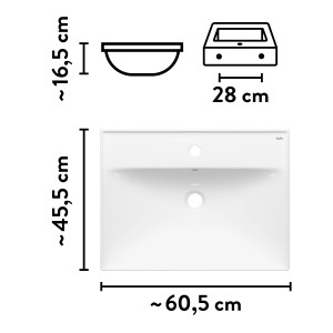 baliv Hampton Handwaschbecken, weiß, 60,5 cm, mit Maßangaben für Wand- oder Aufsatzmontage.