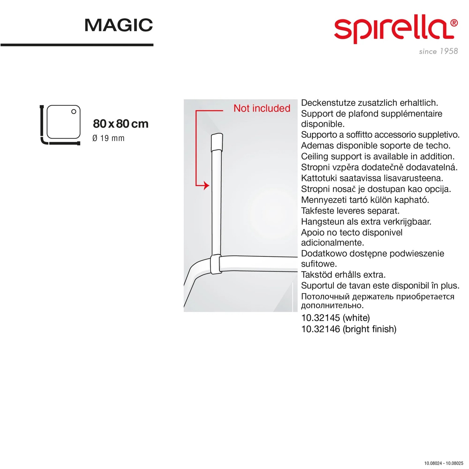 Skizze einer verchromten Spirella Magic Duschstange 80x80 cm für Eckduschen.