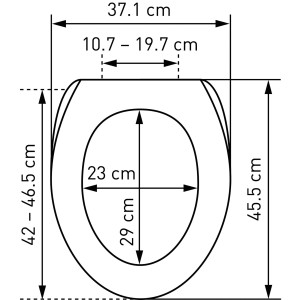 Technische Zeichnung WC-Sitz Forest Eiche mit Maßen 42-46,5x37,1 cm für Standard WC-Becken.