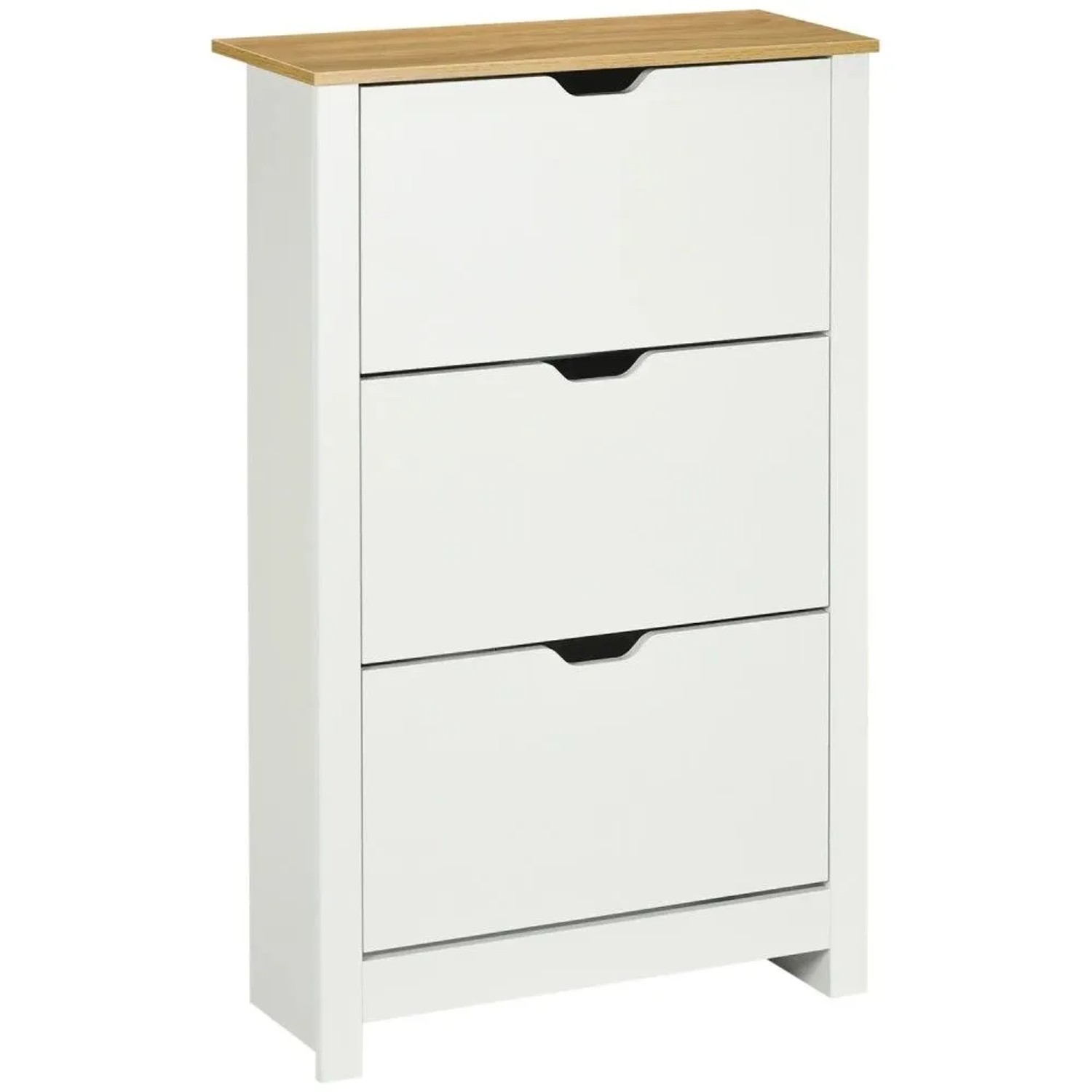 Weißer HOMCOM Schuhschrank mit 3 Klappen und Holzoptik-Oberfläche. Moderne Schuhkommode für Flur.