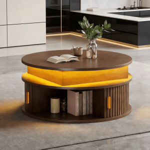 okwish Couchtisch mit LED HöhenVerstellbar Rolltür Stauraum 75x75x52cm Hochglanz Braun