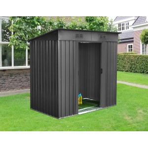 Floraworld Metall-Gerätehaus in Anthrazit, 2,69 m², mit geöffneter Tür im Garten.