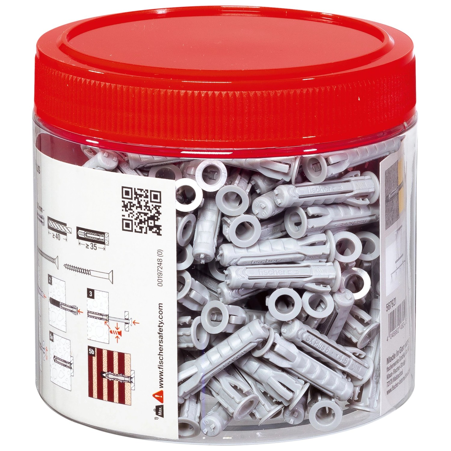 Dose mit 200 fischer Spreizdübeln SX Plus 6x30, geeignet für Beton und Mauerwerk.