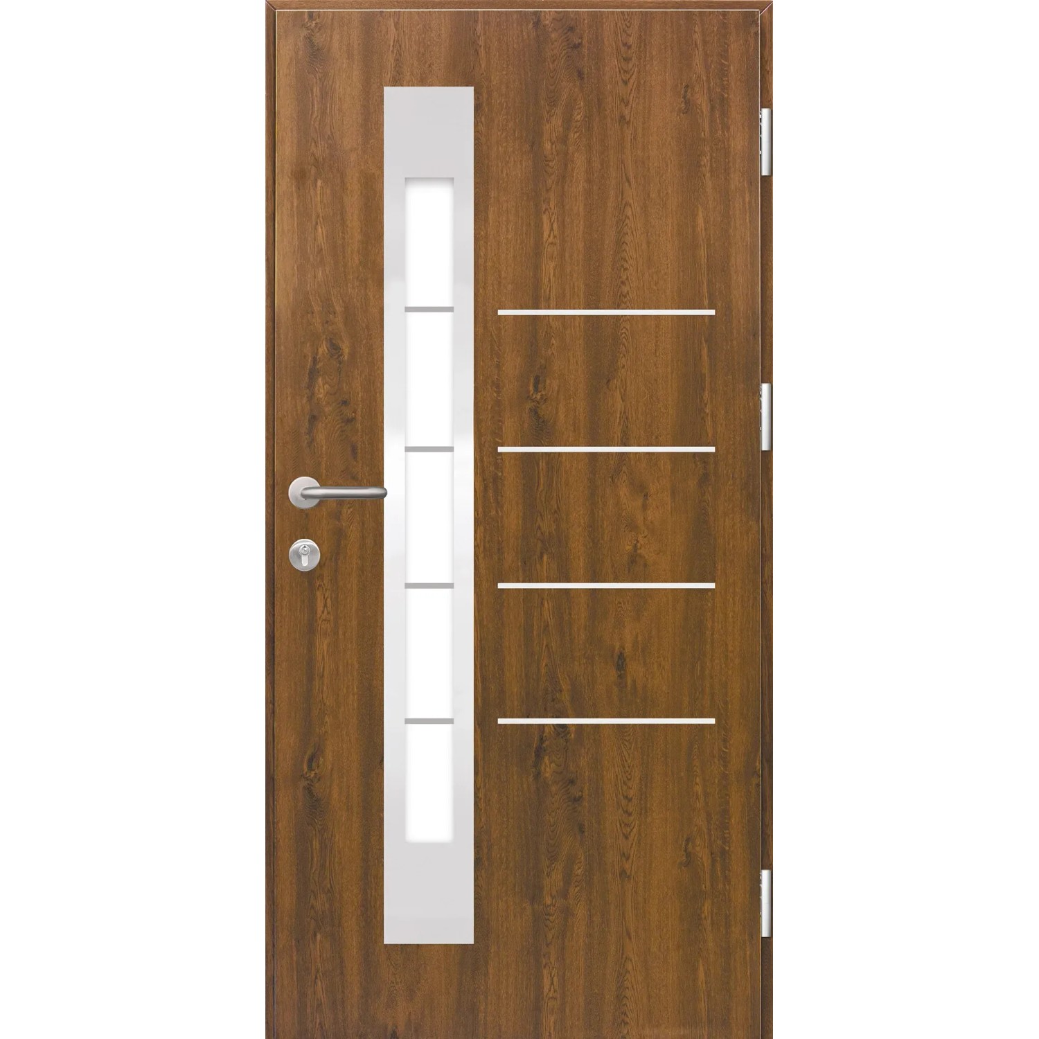 Splendoor Sicherheits-Haustür Berlin Prime RC2 Nussbaum mit Glaseinsatz und Edelstahl-Applikationen.