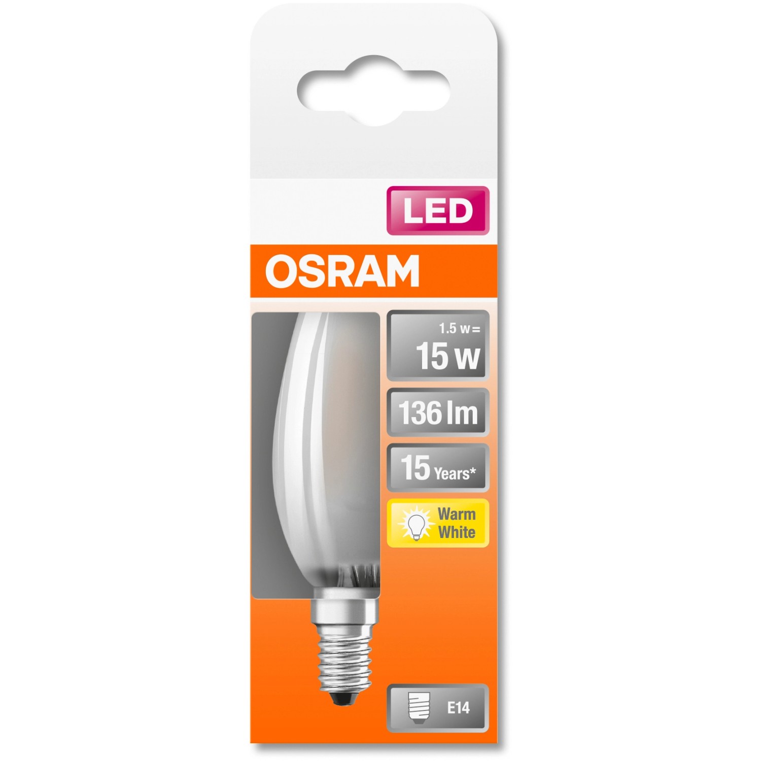 Osram E14 LED-Lampe in Kerzenform, 1,5W, warmweiß, 10x3,5cm. Energiesparendes Leuchtmittel.