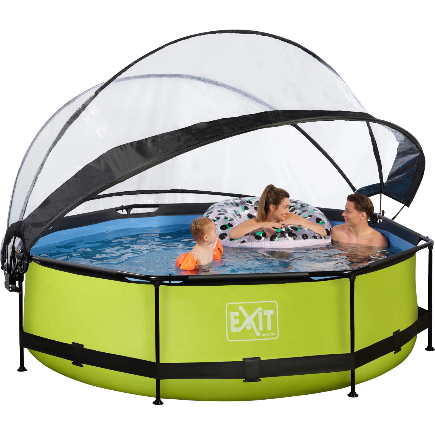 Runder, grüner EXIT Lime Pool ø 300 cm mit Filterpumpe und Abdeckung, genutzt von Familie.