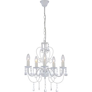 Weißer Globo Kronleuchter PINJA aus Metall mit klaren Acrylkristallen für E14 Leuchtmittel.