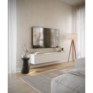 Weißes Selsey TV-Hängeboard Bemmi, 150 cm breit, wandmontiert, mit matter Oberfläche in modernem Wohnzimmer.