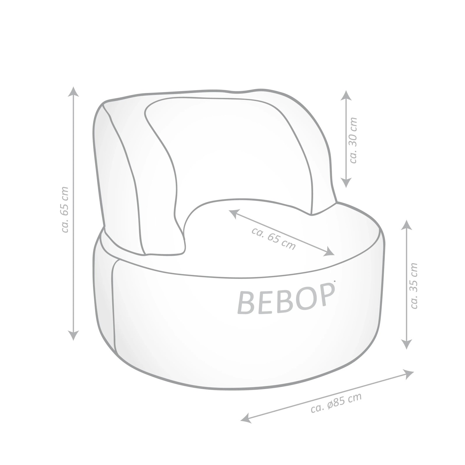 Abbildung des Sitting Point Sessel Bebop Scuba in Aubergine mit Maßangaben.
