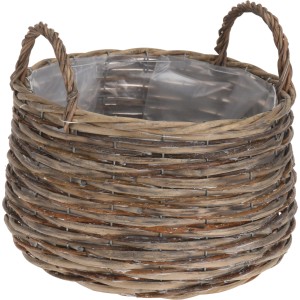 Runder, grauer Weidekorb (22x16x22 cm) für Pflanzen, innen mit Folie ausgekleidet.