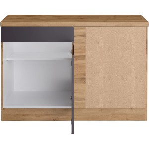 Held Möbel Küchen-Eckschrank Turin, 120 cm, Graphit/Wotaneiche, mit offener Tür und Einlegeboden.