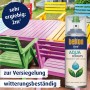 Belton Free AQUAcolours Klarlack Spray, transparent, seidenglänzend, 400ml Dose vor farbig lackiertem Gartenset.