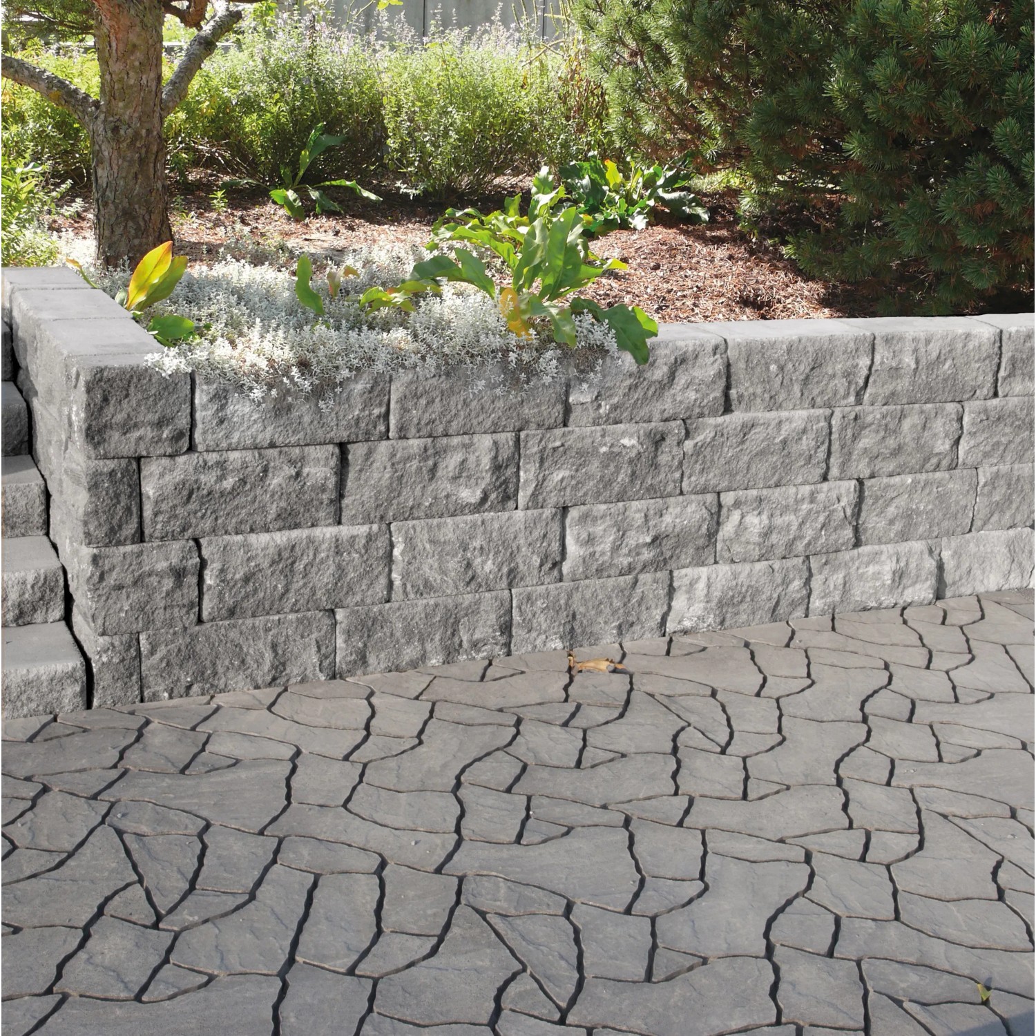 Häusler Weinviertler Bruchstein Weiß-Grau als Gartenmauer mit Bepflanzung.