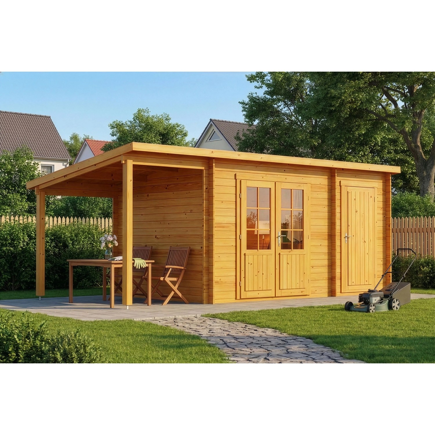 Imprägniertes Alpholz Gartenhaus Maria-28 mit Schleppdach, 450x250 cm, Naturholzoptik.
