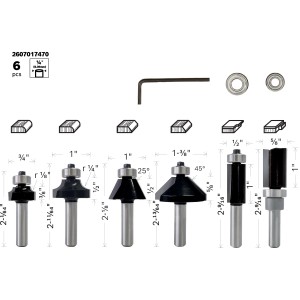 Bosch Fräser-Set, 6-teilig, für Rand- und Kantenbearbeitung mit 6 mm Schaft.