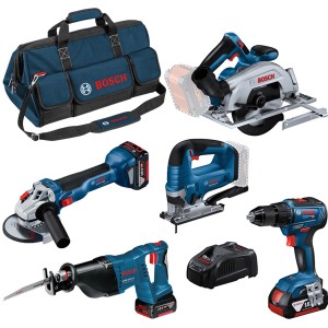 Bosch Professional Akku-Geräte Set mit Bohrschrauber, Winkelschleifer, Kreissäge, Säbelsäge, Stichsäge, Akkus und Ladegerät.