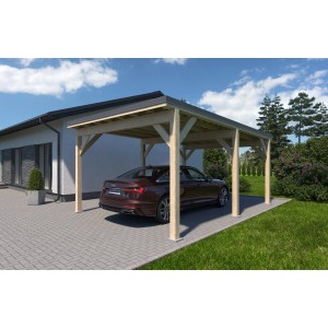 Holzbrüder Einzelcarport Ralf mit Auto, imprägniert, 400x600 cm, Blechdach dunkelgrau.
