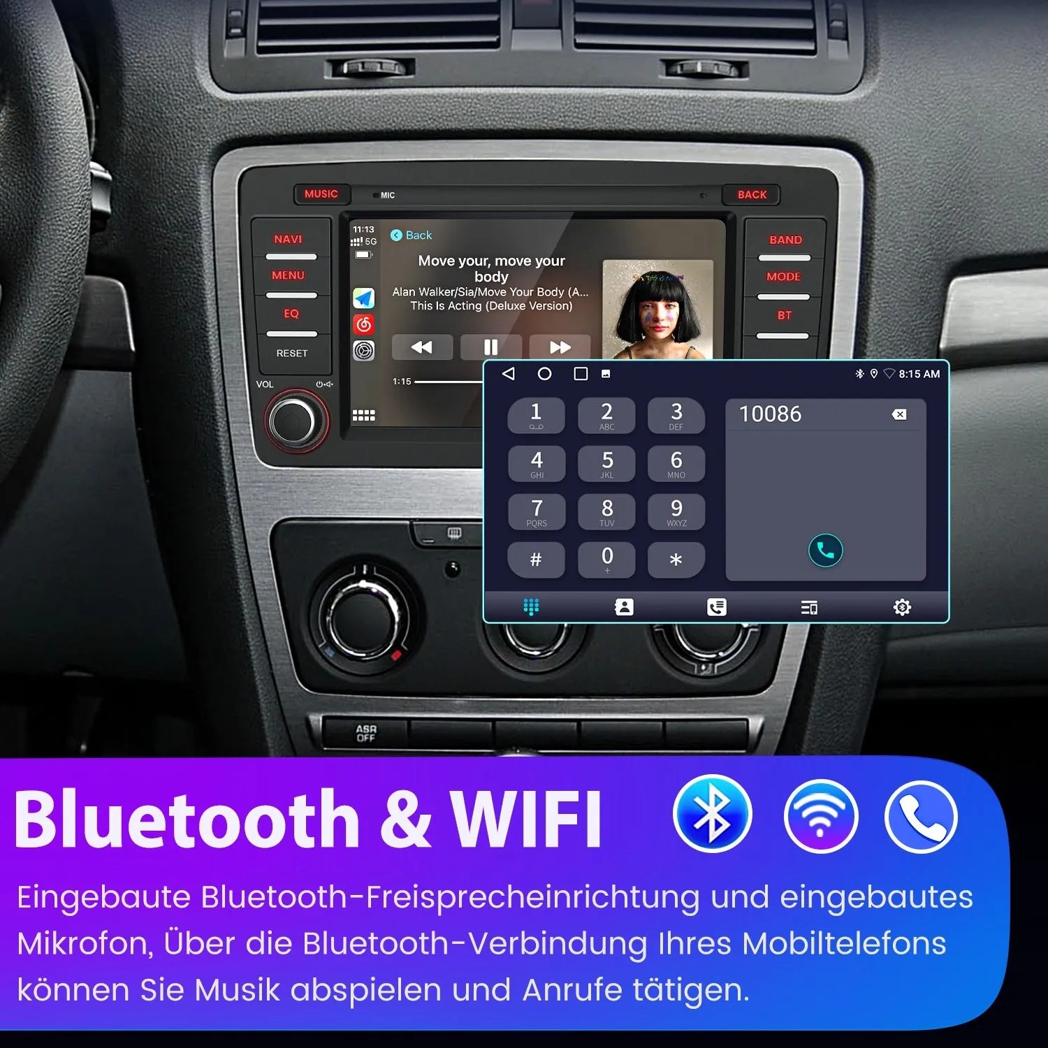 Junsun Autoradio mit Touchscreen im Skoda Octavia Armaturenbrett, zeigt Musik und Telefon-Wähltastatur für Freisprechfunktion.