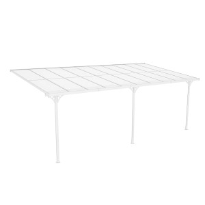 Weiße Westmann Alu-Terrassenüberdachung Bruce 617 mit Polycarbonat-Dach.