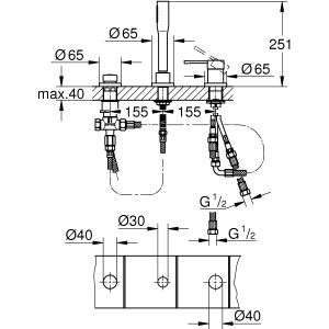 Technische Zeichnung der Grohe Essence 3-Loch Wannenarmatur in Chrom mit Maßangaben.