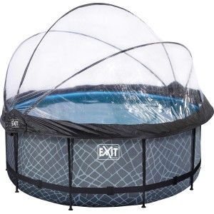 Grauer EXIT Stone Pool Ø360cm mit Sandfilterpumpe und Poolabdeckung.